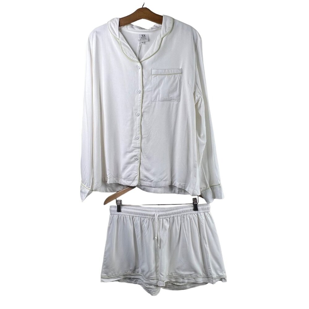 Wedding Party Pajama Set Size Medium Bride Button Front Short White 100% Rayon N
